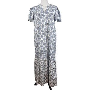 Magari Made in Italy Large Blue White Short Sleeve Maxi Dress Flounce Sleeve